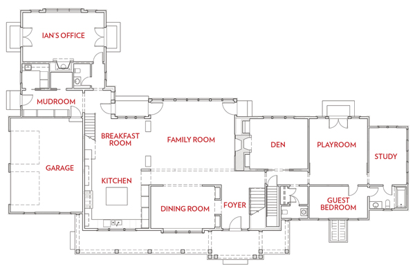 The first floor plan reveals an L-shaped configuration designed to ...